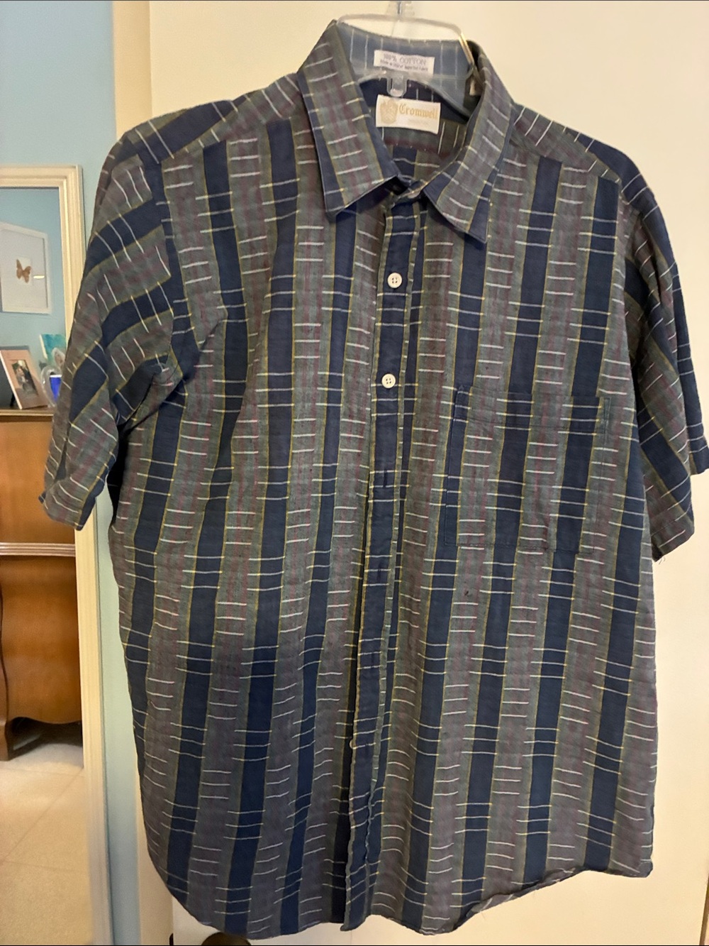 Men's Striped Short-Sleeve Button-Down Shirt in Navy & Gray